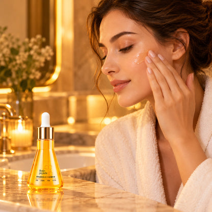 Woman pressing the golden peptide serum onto her cheek in a warm bathroom