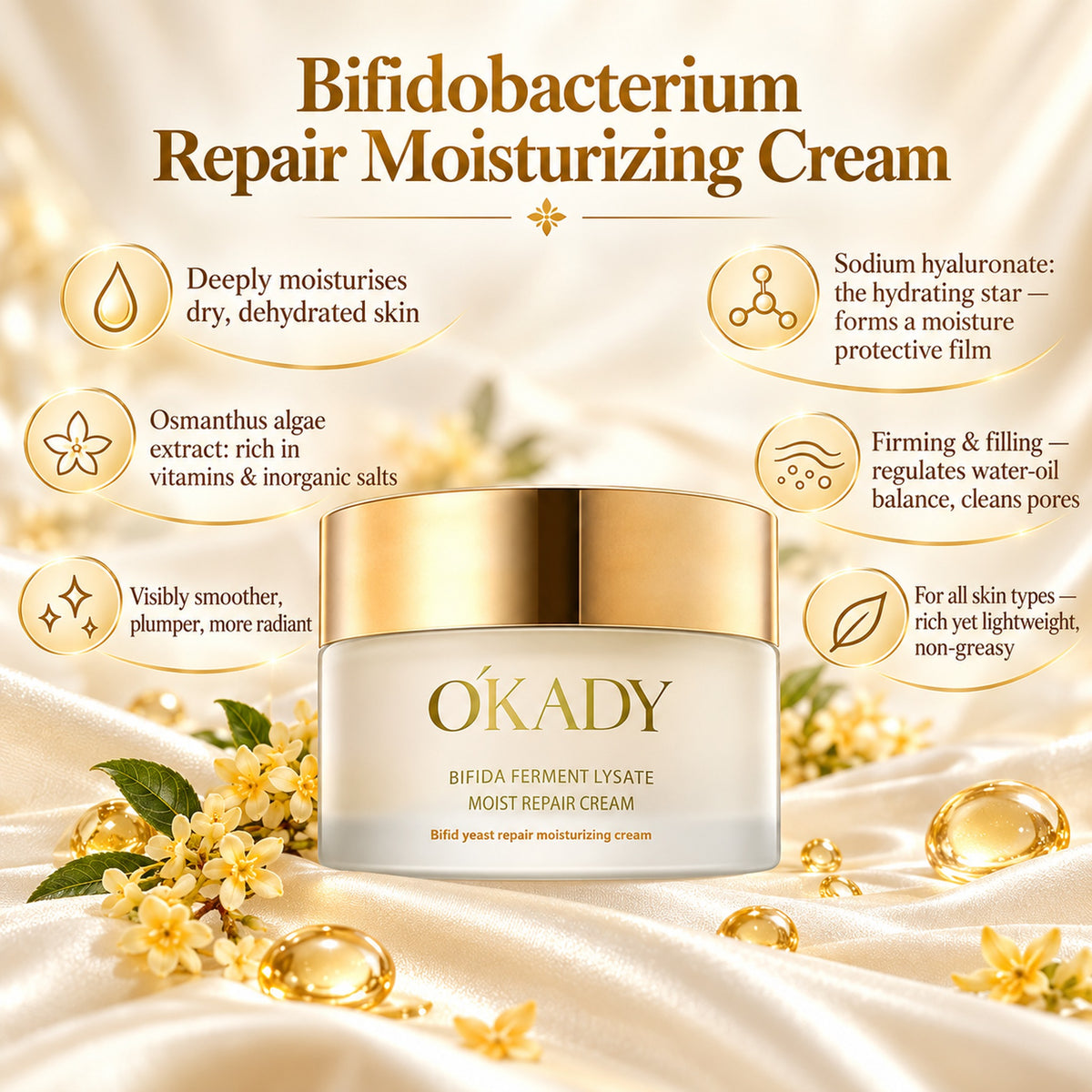 Bifidobacterium repair moisturizing cream benefits: deep moisture, hyaluronate moisture film, osmanthus algae extract, smoother plumper skin