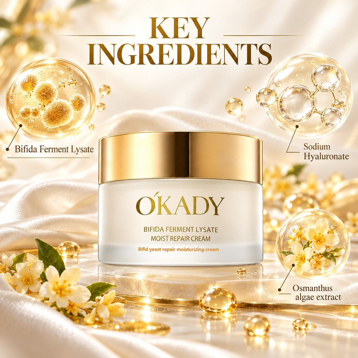 Key ingredients: Bifida Ferment Lysate, Sodium Hyaluronate and Osmanthus algae extract around the O'KADY jar