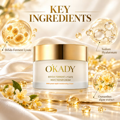 Key ingredients: Bifida Ferment Lysate, Sodium Hyaluronate and Osmanthus algae extract around the O'KADY jar