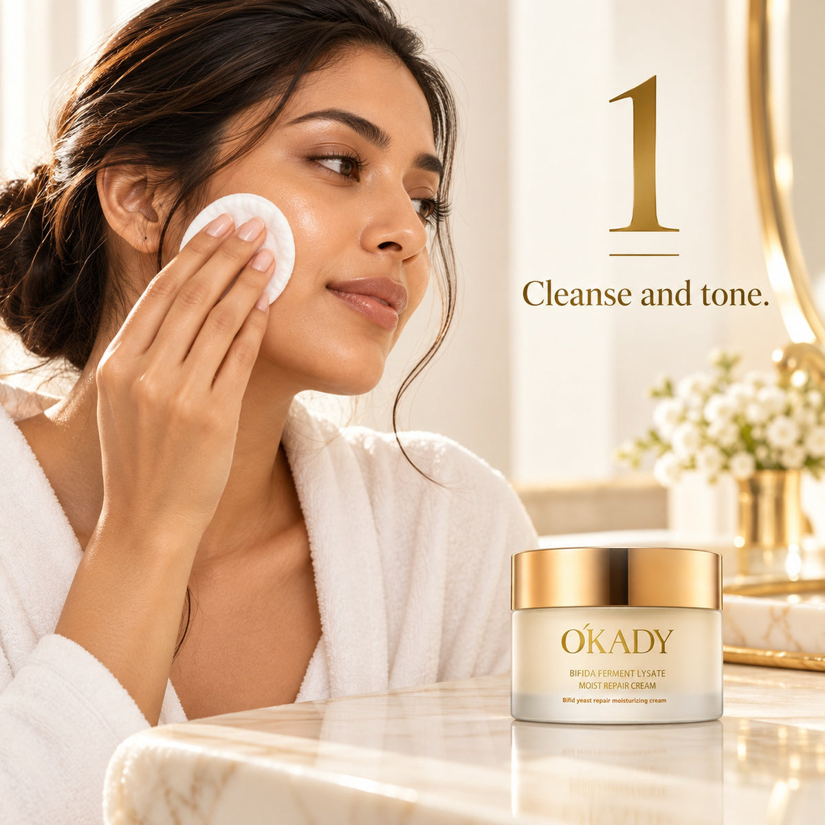 Step 1: woman cleansing and toning her face before applying the repair cream