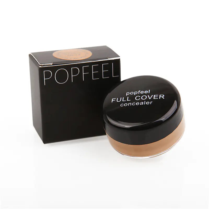 POPFEEL Full Coverage Concealer jar standing beside the matte black branded packaging box.